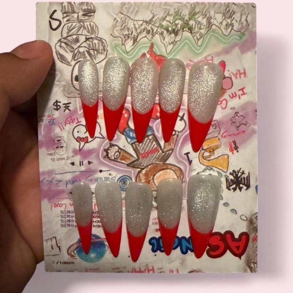 Red and Silver Glitter Press-On Nails